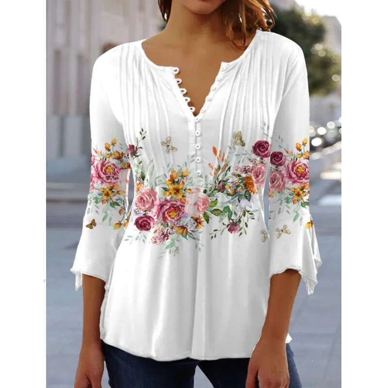 European and American Spring/Summer Fashion Women's wer Printed V-neck Short Sleeve Folded Button T-shirt Bottom Shirt 2025 Versatile New Trendy 