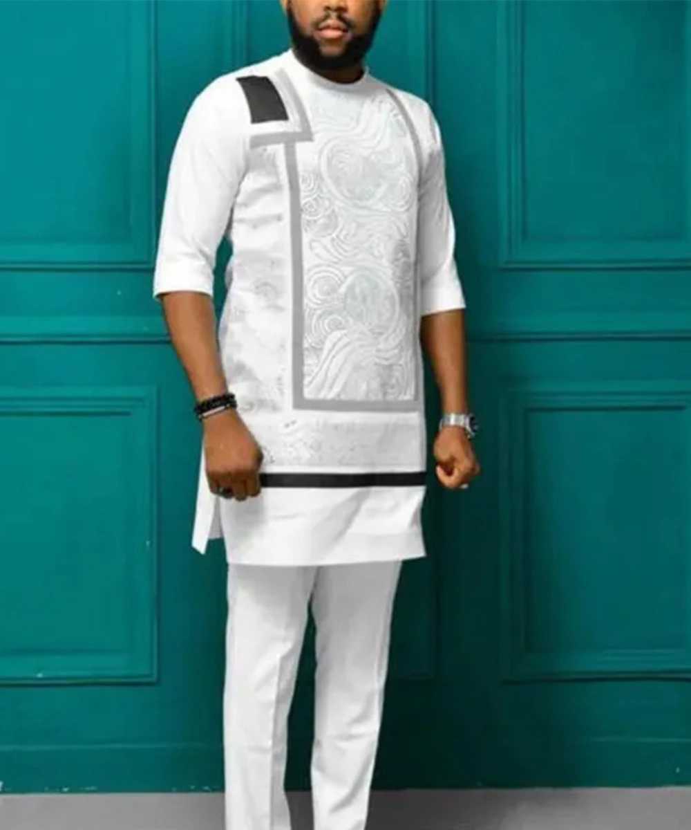 African Summer Two Piece Mens Round Neck Printed Shirt and Pants Set Africa Arab Traditional Ethnic Party Slimming 2024 Set X250313