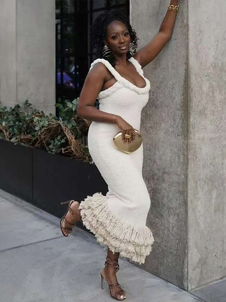 Tassels Hem Twist Strap Knitted Dress Women Sleeveless Backless Slim High Waist Dresses Female Holiday Evening Bodycon Robe