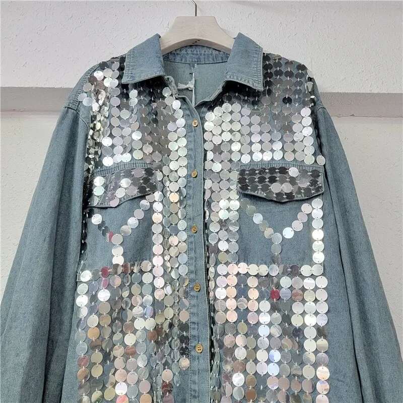 Chic Sequins Denim Spring Loose Jeans Beading Blouse Single Breasted Cowboy Cardigan Crop Tops Blusas