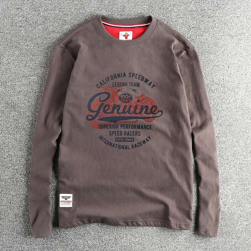 Autumn New Retro Hong Kong Style Pure Cotton Round Neck Long Sleeve T-Shirt Men's Motorcycle Letters With A Base Shirt