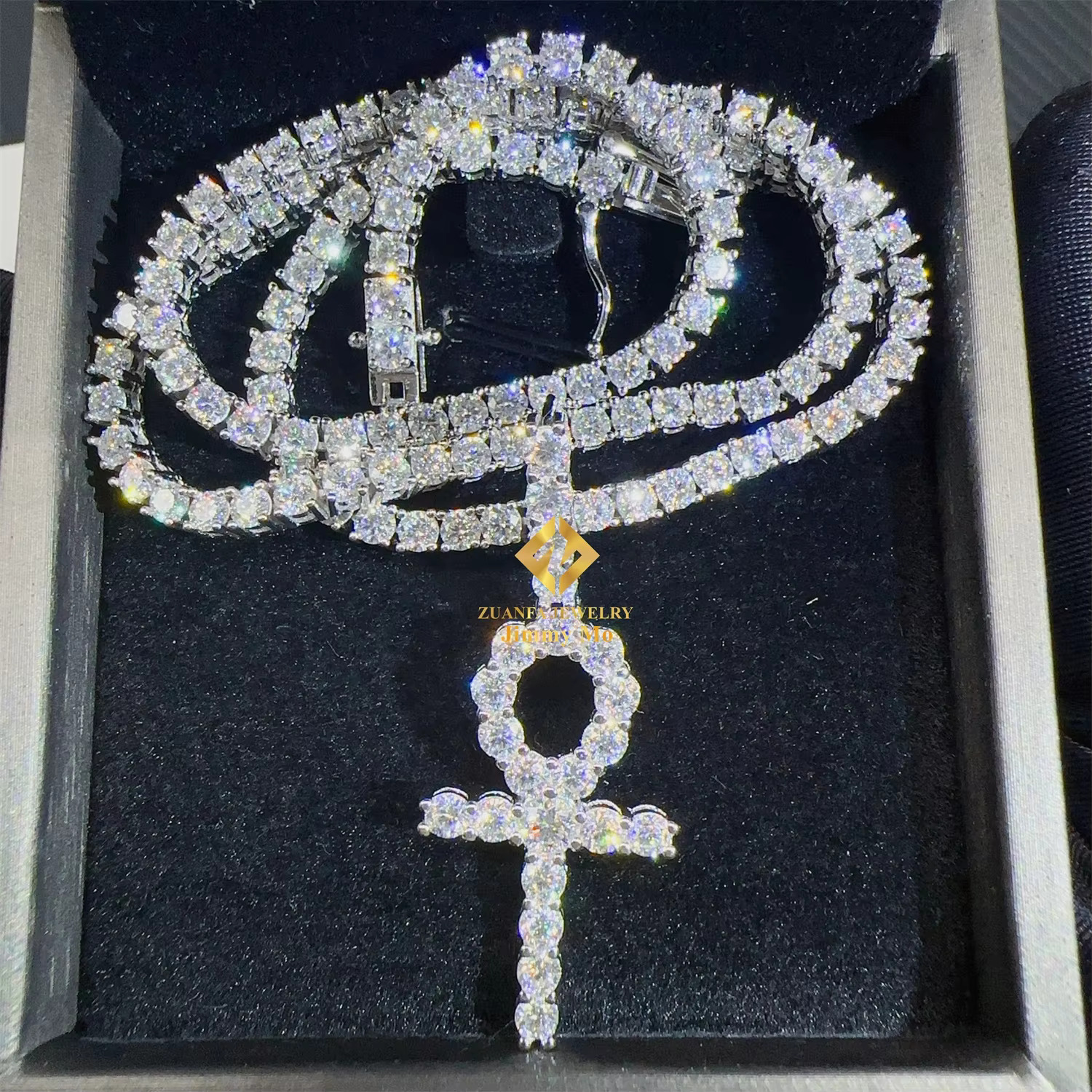 Pass Diamond Tester Moissanite 925 Silver Hip Hop Jewelry Iced Out VVS Moissanite Cross Pendant Tennis Chain Necklace Set