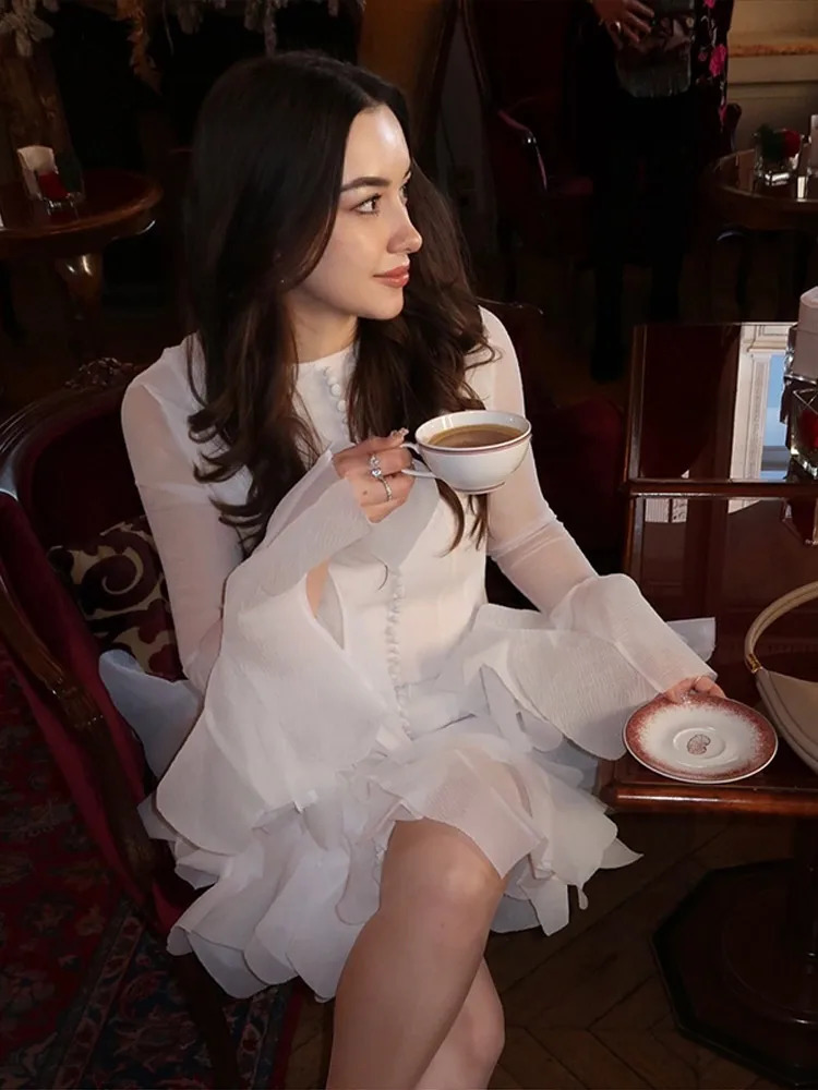 Trumpet Sleeves Puffy Short Dress Woman Single Breasted Lace Waist Cinching Solid Color ONeck Dresses Elegant Women Mini 250313