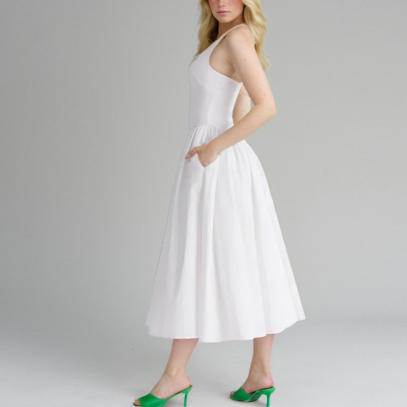 2025 Spring New Women's Style Sexy Hanging Neck Solid Color Slimming Bareback Dress