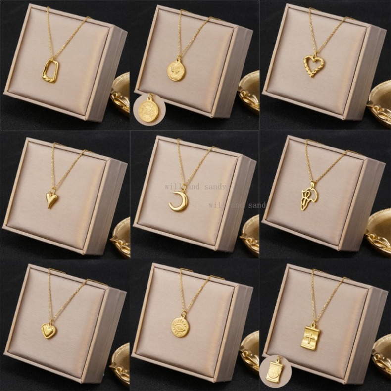 Cross Stainless Steel Heart Coin Pendant Necklace 18k Gold Charm Love Heart Queen Head Portrait Moon Pendant Necklaces for Woman Gold Chains Fashion Jewelry