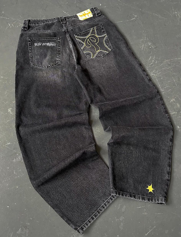 Street y2k embroidery fashion baggy washed distressed jeans mens loose small straight leg pants 240809