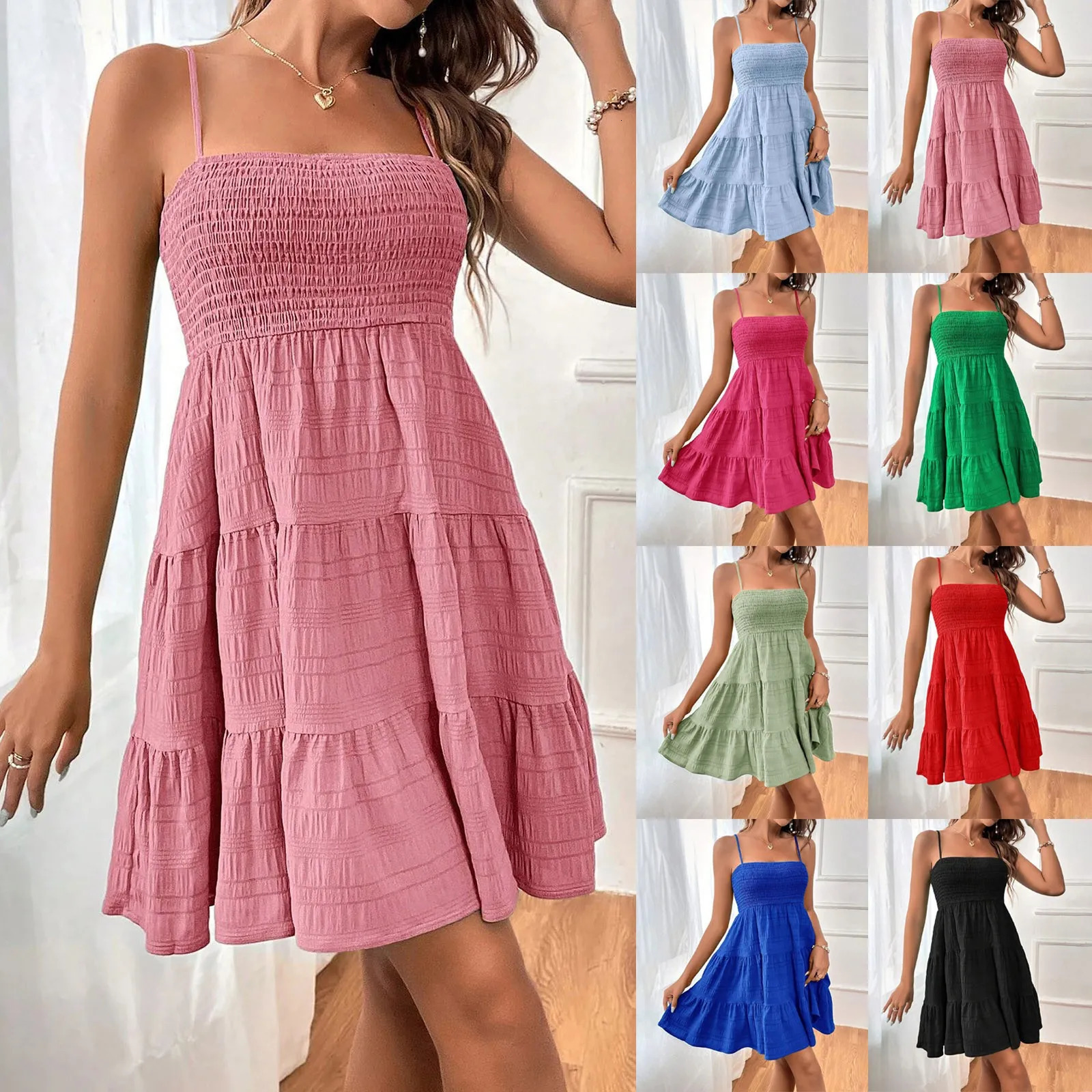 Bohemian Beach Sun Skirt Womens Sexy Sleeveless Backless Large Swing Mini Dress Solid Italian Strap Ruffle Vestidos 250313