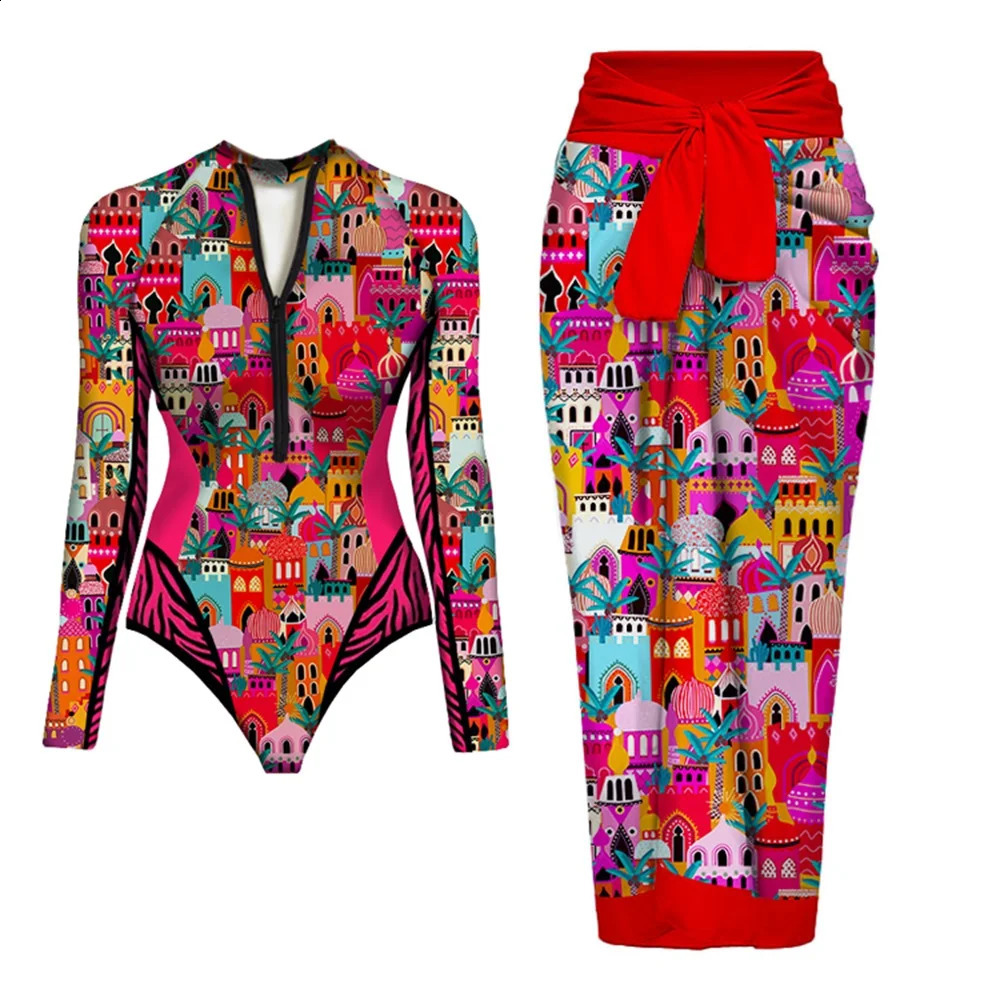 Long Sleeve Vintage Print One Piece Swimwear Zipper Conservatism Women Bathing Suit And Wrap Skirt Surfing Swim 250313