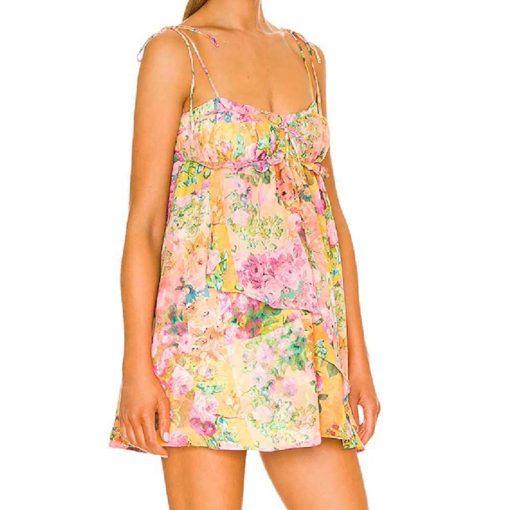 Urban Sexy Dresses Womens Bow Lace Strap Holiday Robe BOHO Ruched Chest Orange Flower Print spaghetti Strap Mini Dr Y2403125J06