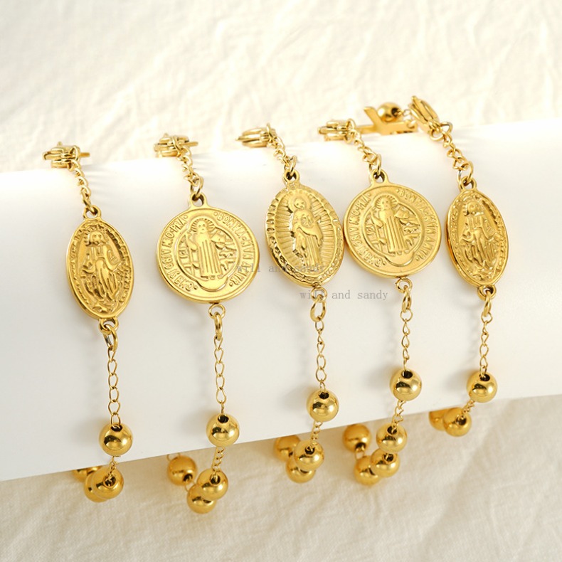 Catholic Rosary 18k Gold Religious Virgin Mary Religious Cross Charm Bracelet Non Tarnish Stainless Steel Bead Chain Bracelets Woman Fashion Jesus Fin