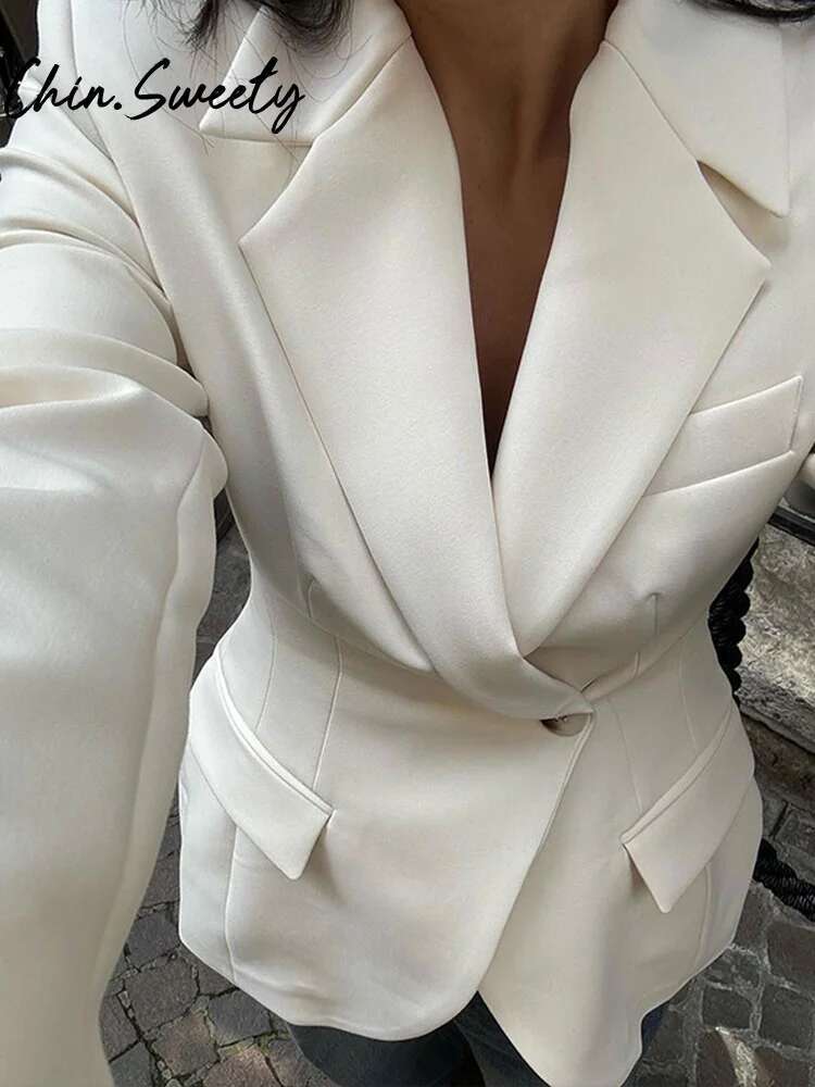 Elegant Solid Women Blazer Slim Long Sleeve Lapel Single Button Pocket Female Coat 2025 Spring Autumn Urban Lady Streetwear