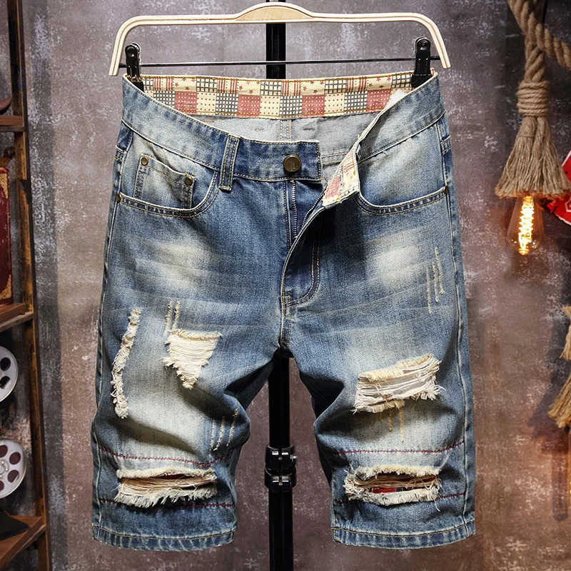 2840 summer mens graffiti torn shorts casual slim fit big hole retro style denim clothing 250313