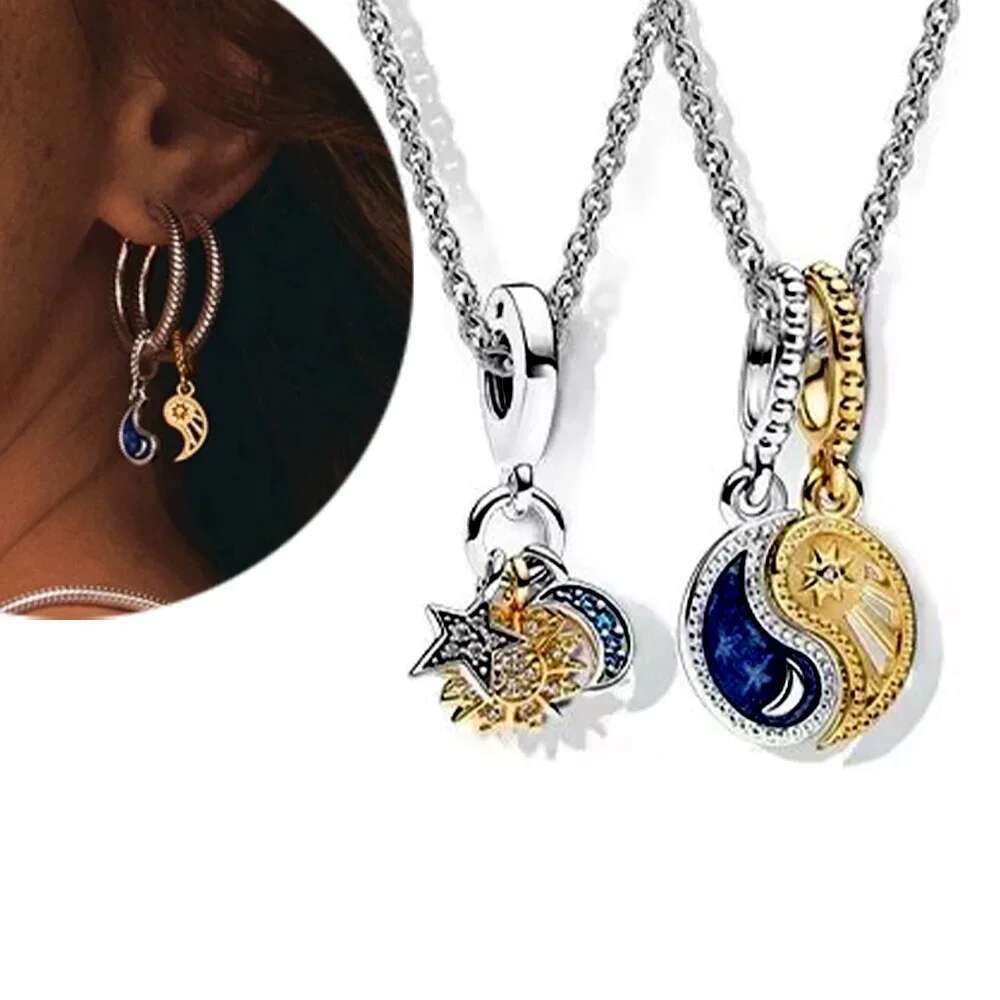 925 Sterling Silver Two-Color Sun And Moon Combination Series Beaded Fit Diy Charm Ring Earrings Women's Jewelry Gift