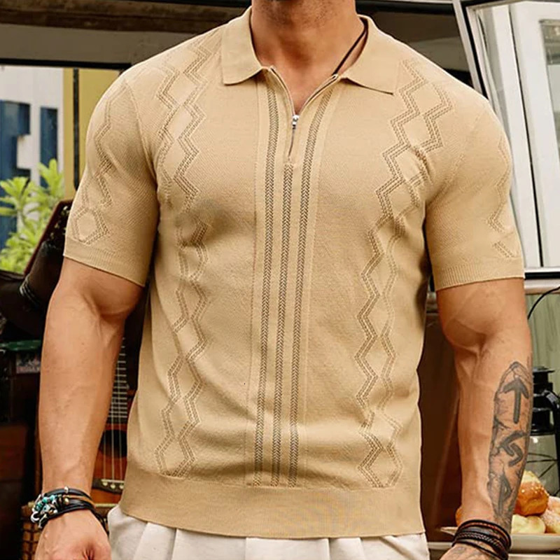 Summer Mens Clothing y Patchwork Knit Polo Shirt Leisure Zipper Short Sleeve Retro Geometric Fashion Knitwear 250313