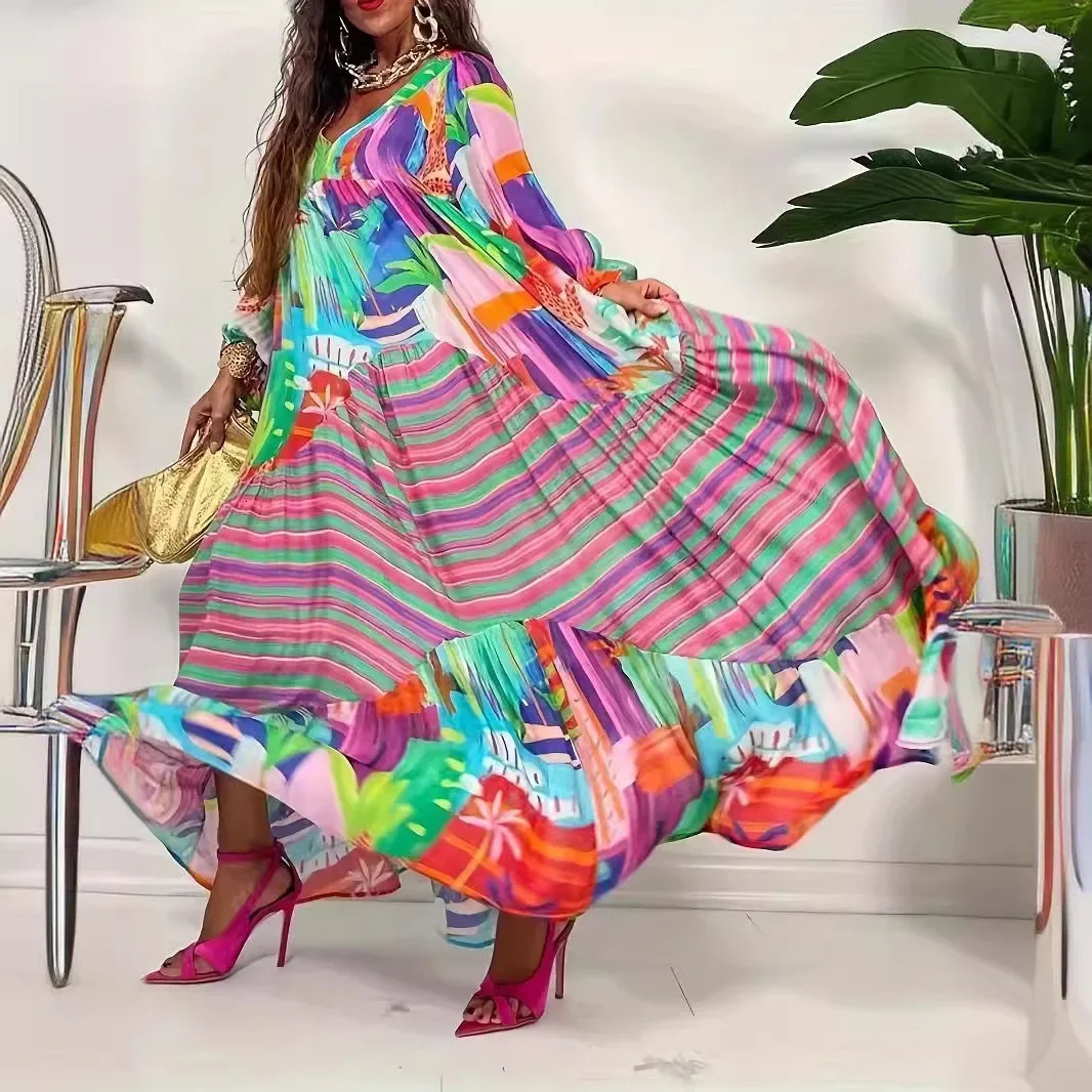 Plus size European plus Vneck striped print loose fit dress lace casual womens wear 250313