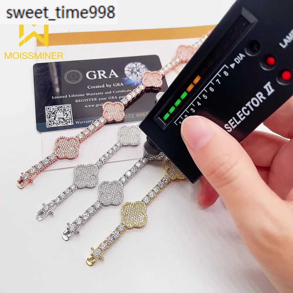 4mm Moissanite Clover S925 Silver Tennis Chain Bracelets For Women Iced Out Hand Chain Pass Diamonds Tester Hip Hop Jewelry