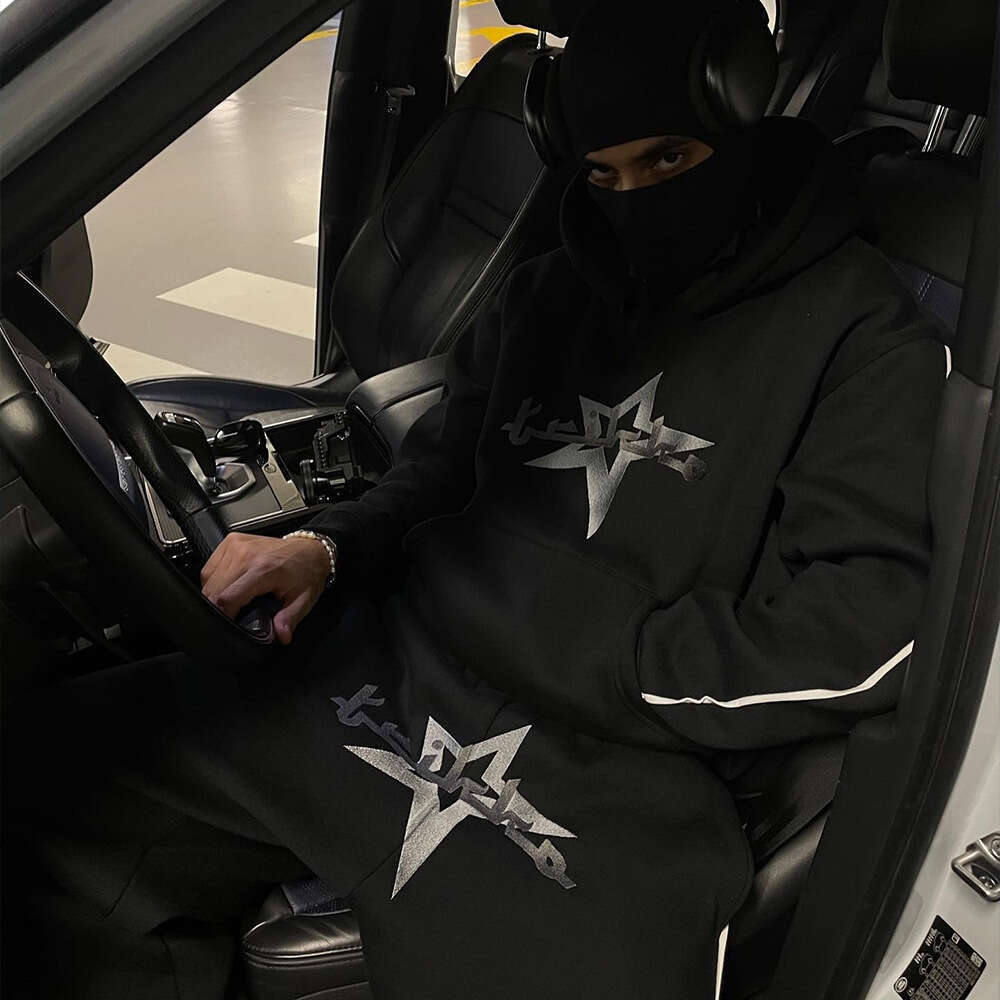 Ins trendy hooded autumn and winter style line letter star print loose long sleeved pullover hoodie set