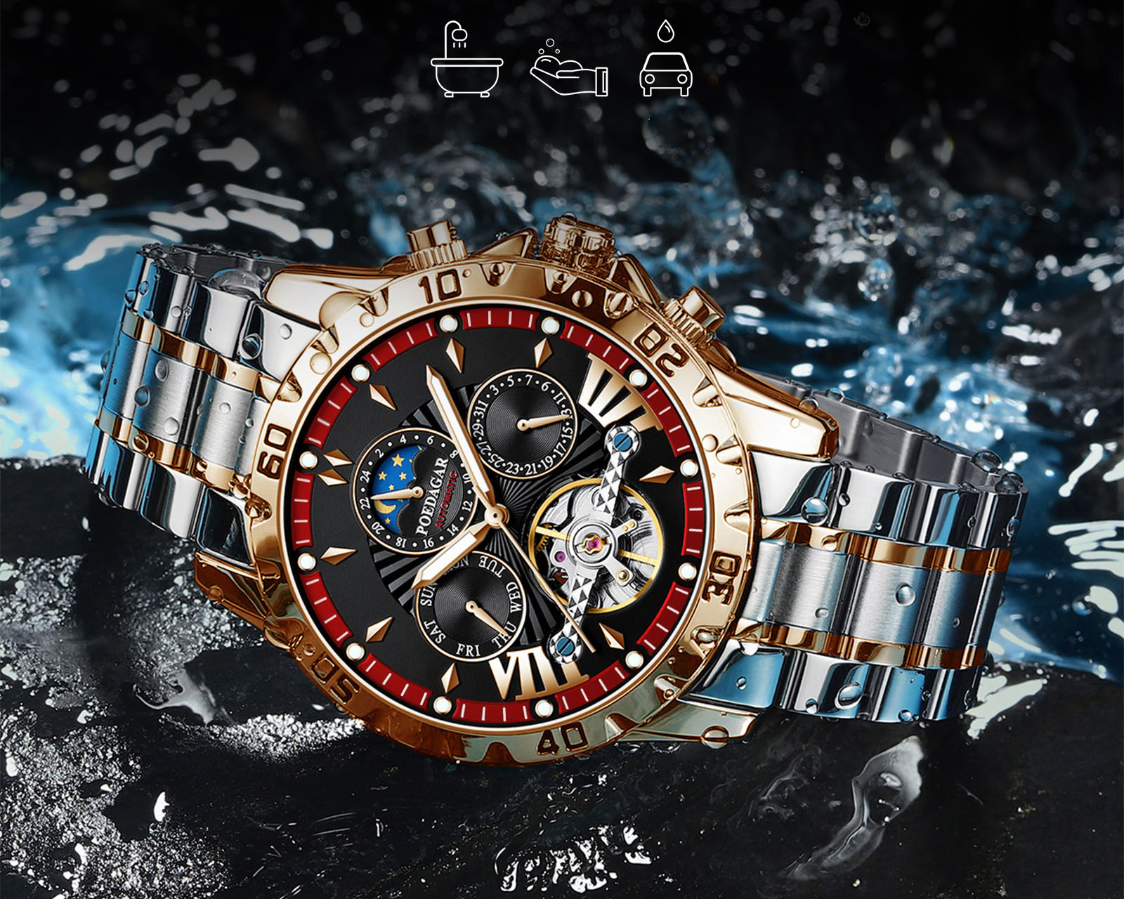 Mens Waterproof Mechanical Watch with Automatic Movement and Night Light Stylish and Functional Timepiece for Everyday Wear