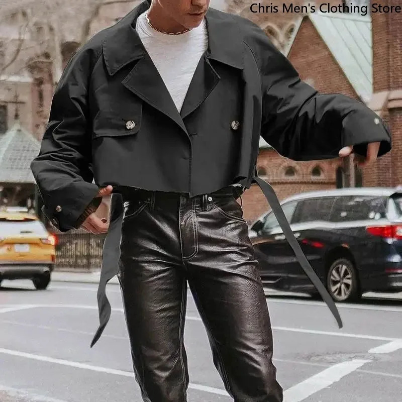 Fall Fashion Loose Mens Short Trench Coat Super Cool Street Motorcycle Lapel Laceup Cargo Male Jacket 250313