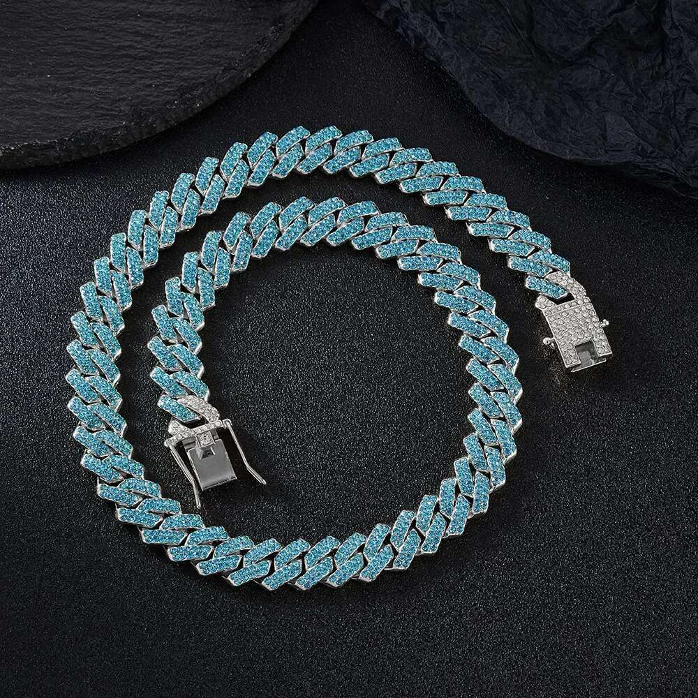 2tone Pink Blue Sier Color Miami Cuban k Chain Choker Necklace Bracelet Jewelry For Men Women 2 Row Rhies Paved 35cm