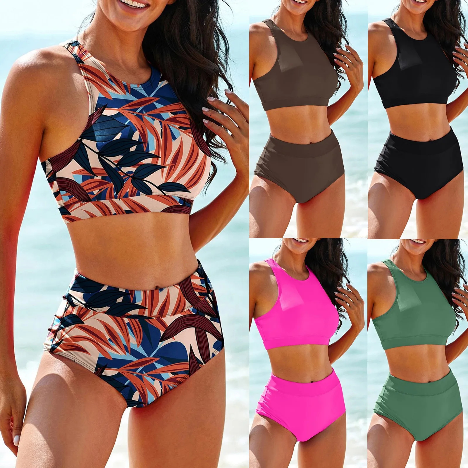 Womens Solid Color Tank Top Swimsuit Ladies Split High Waist TwoPiece Set Bathing Suit Woman Biquinis Feminine 250311