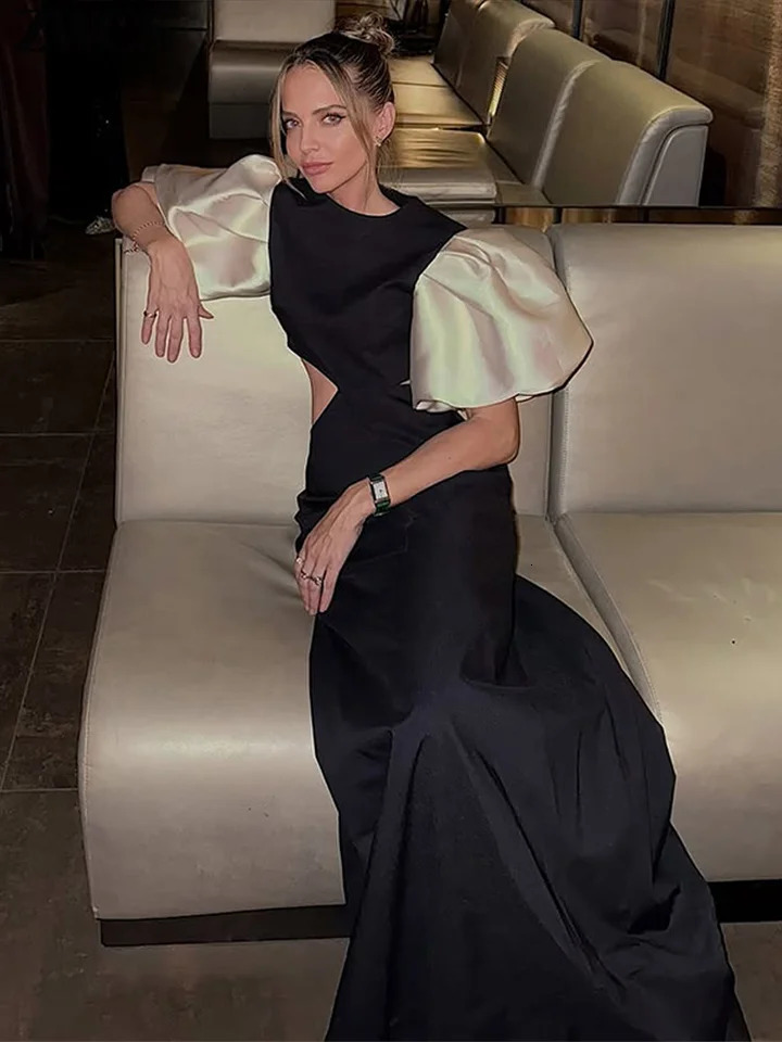 Elegant Puff Sleeve Evening Dress Womens Sexy Hollow Waist Short Long Summer Comparison Party Vest 250313