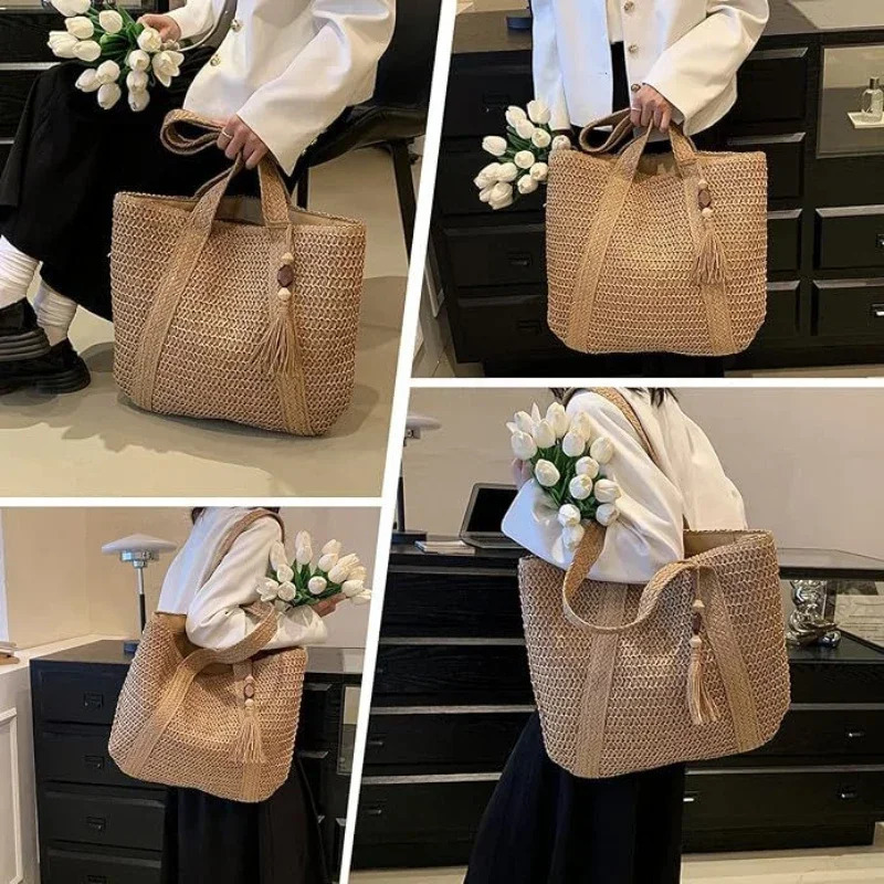 Fashion Straw Summer Large Capacity Tote Bags Women Shoulder Bag Handmade Woven Bags Fresh Rural Handheld Grass Woven Women Bag R250312