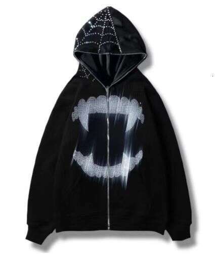 Dark Skull Water Diamond Printed Sweatshirt Men's and Women's Hoodies Gothic Couple Harajuku Large Zipper