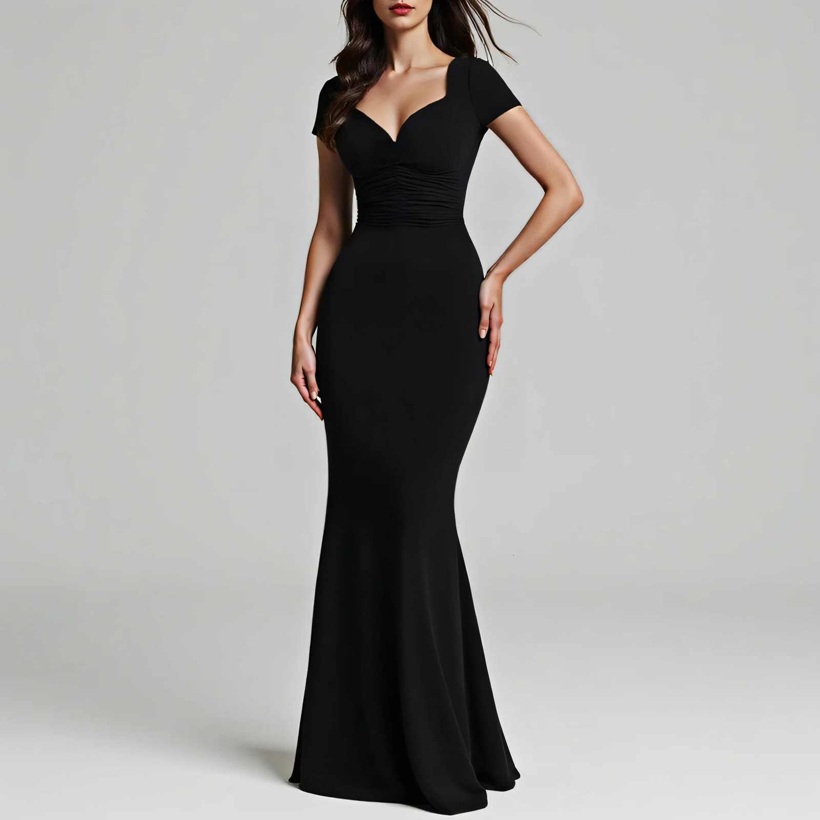 Mia Muse Womens Four Seasons Party Elegant Solid Color Short Sleeve Pendant Neck Maxi Trumpet Anniversary Dress 250313