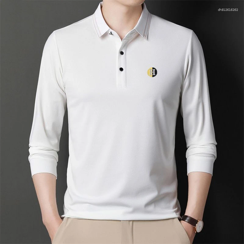 Men's Polos Spring Autumn Vintage Men Long Sleeve Polo Shirts Loose Thin Elastic T-shirt England Style Print Solid Comfortable Daily Top