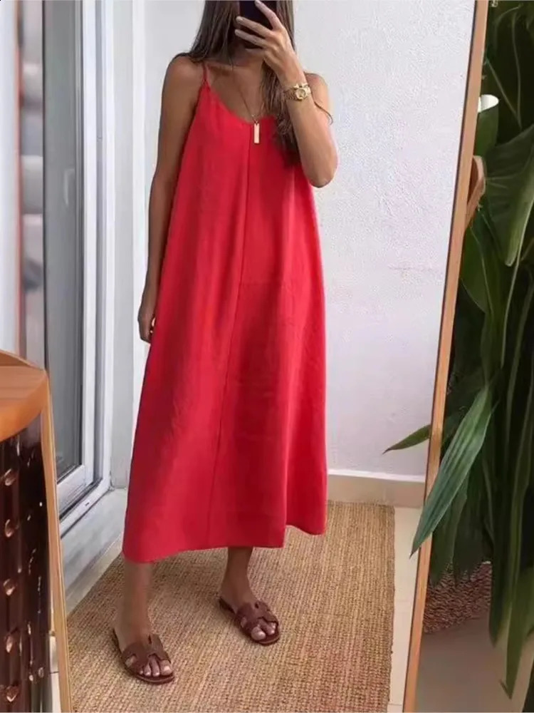 2025 Women Sleeveless Long Dress Loose Slim Camisole Suit V-neck Smooth Color Casual Style Fashionable Summer Novelty 250313