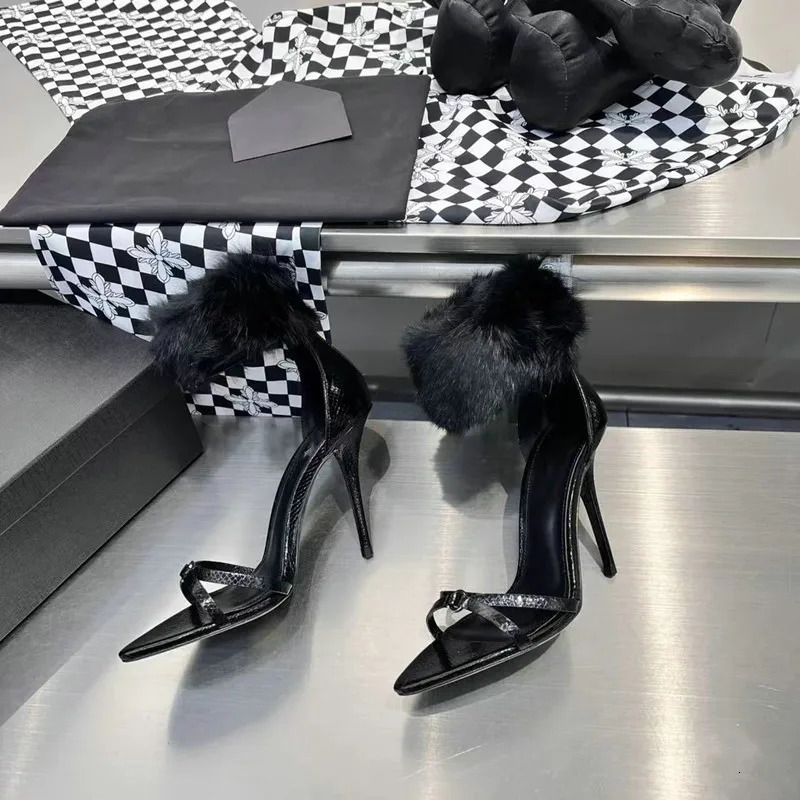 Summer Mink Hair Sexy Furry Open Toe Sandals Pointed Stiletto Heels Women Black High Heels 250312