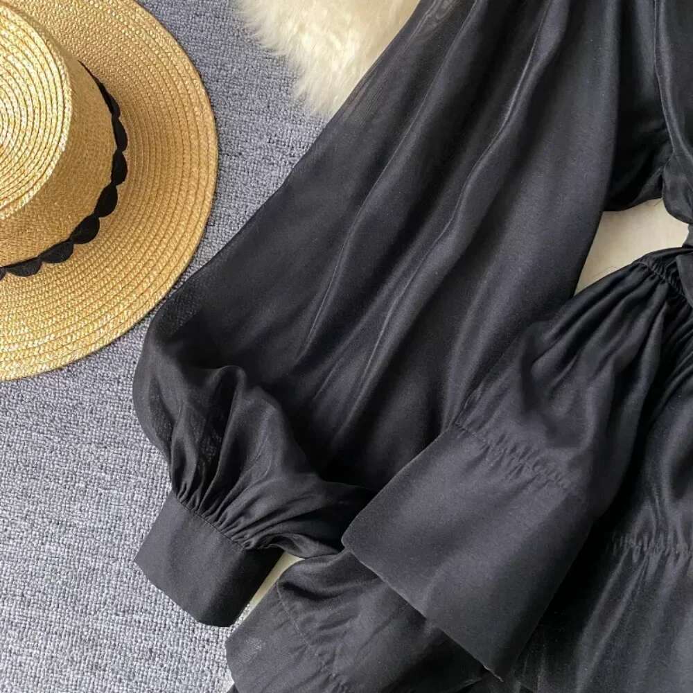 High Waist Cake Vestidos Mujer Laple Neck Lantern Long Sleeve Women Dresses Lace Up Tunic Dress Print Vestido 2025 Robes