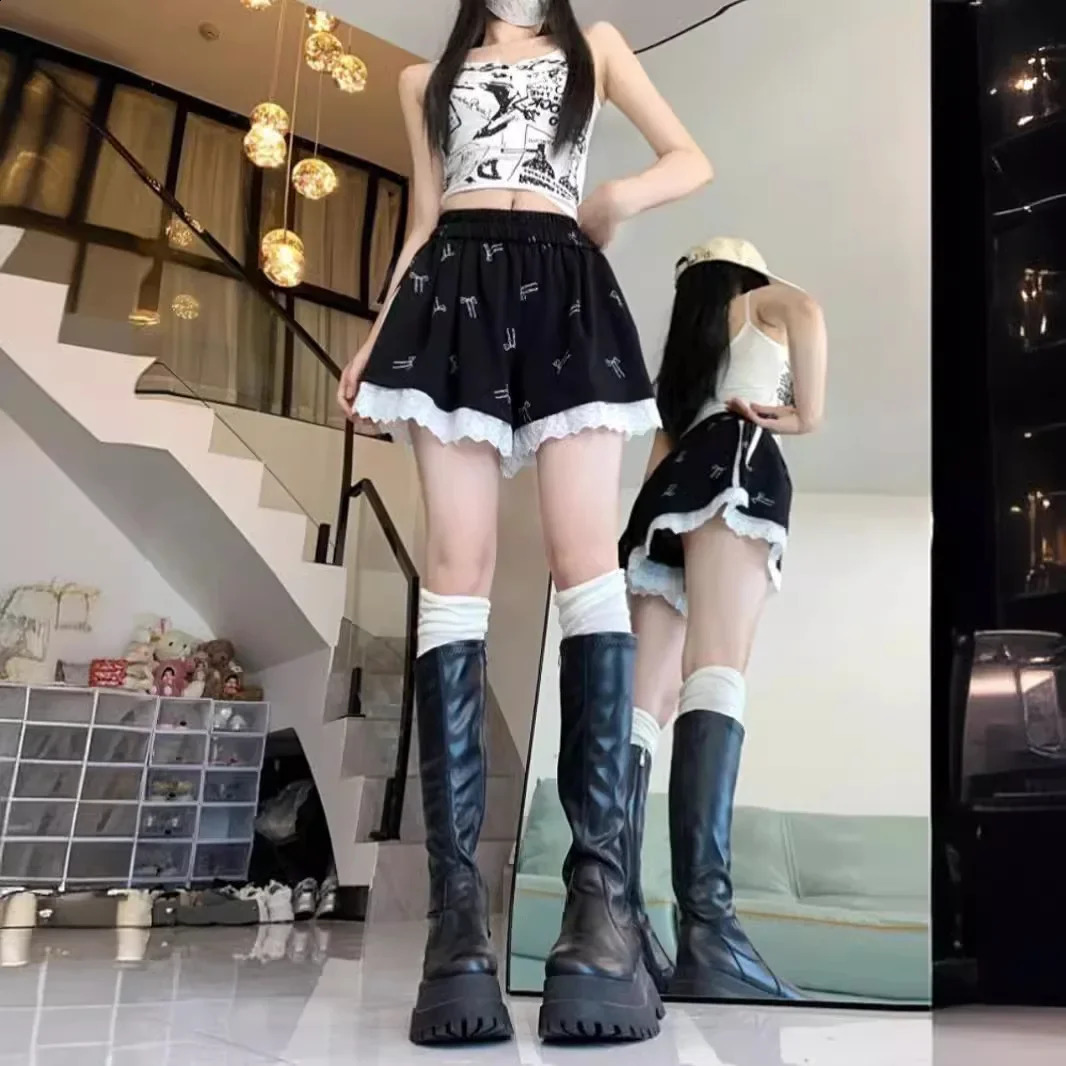 Korean Style Lace Trimming Casual Pants Womens Summer Loose Fit High-Waisted Elegant Versatile Wide-Leg Shorts 250313