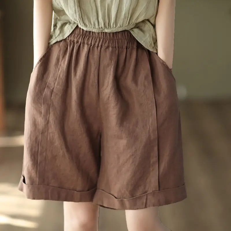 Vintage Cotton and Linen Summer Shorts Lady Patchwork Wide Leg Pants Loose Straight Leg Pants Casual Solid Color All-match Pants 250313