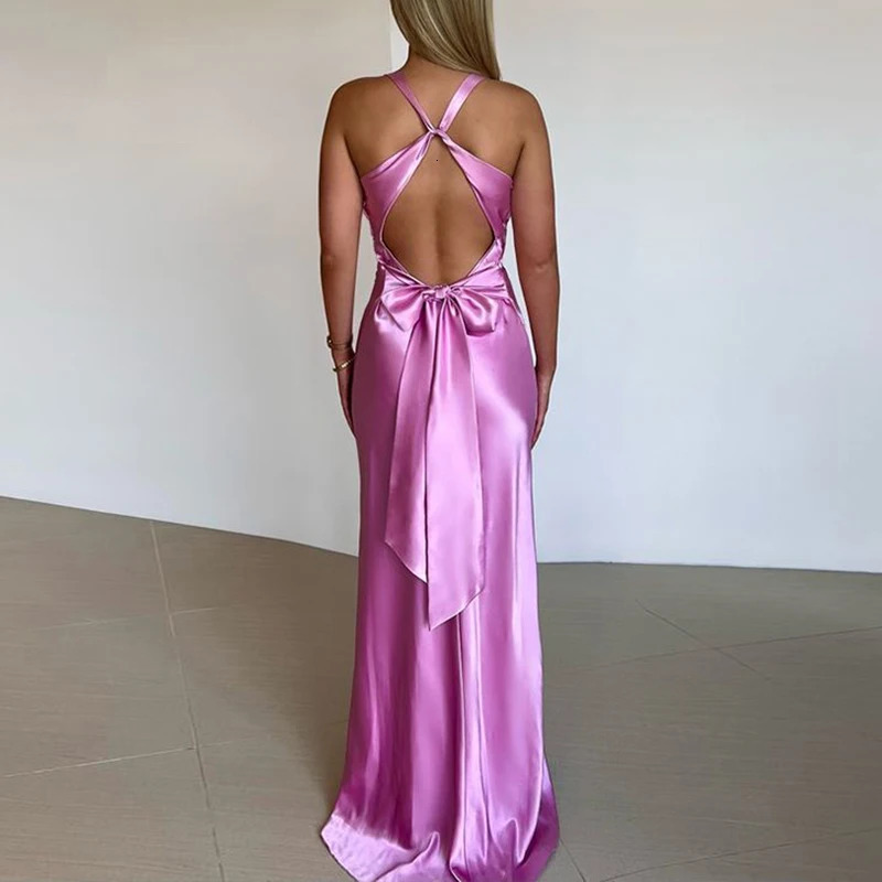 Womens Fashion High Waist Solid Party Dress Sexy Deep Vneck Satin Summer Elegant Backless Bow Lace Long 250313