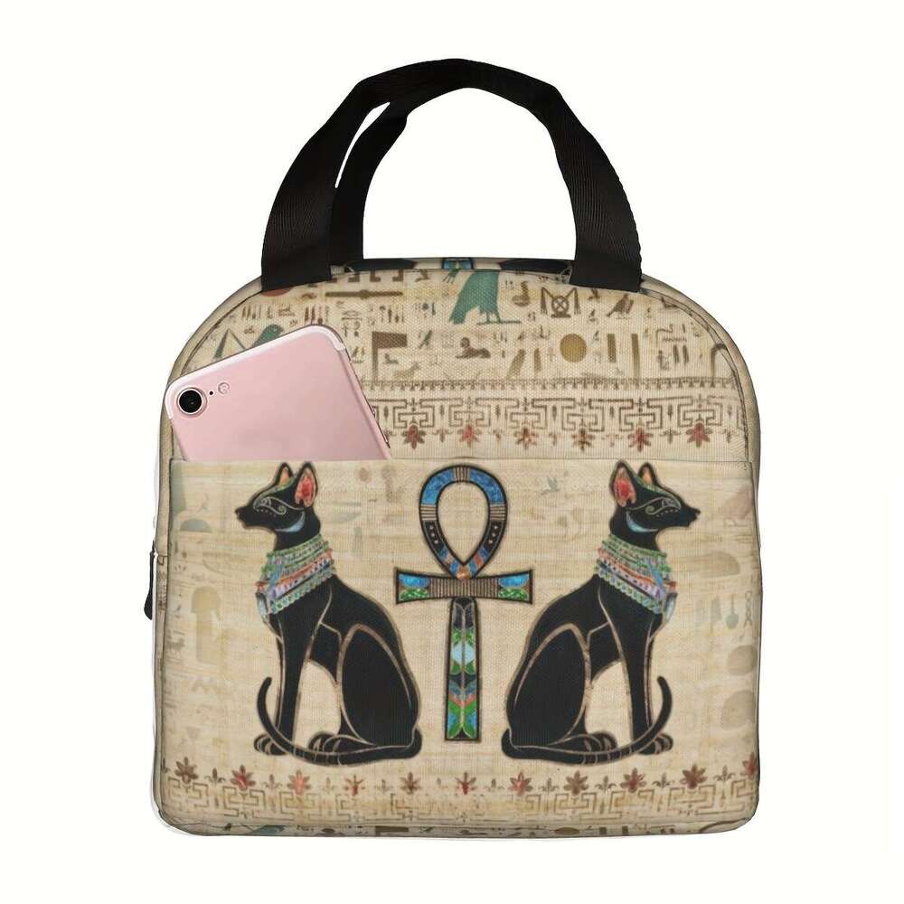 Egyptian Cat Hieroglyphic Lunch Bag, Vintage Oxford Cloth Insulated Cooler Tote, Animal Theme Cydrical Bento Box Alternative, Hand Wash, for Office, T