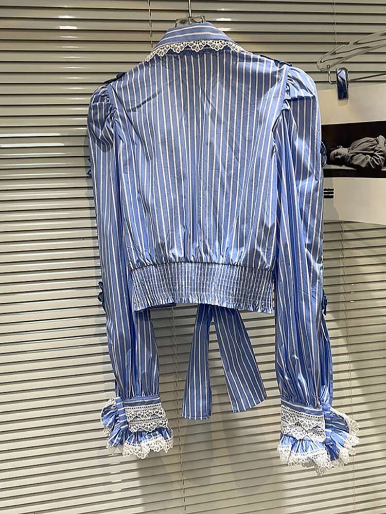 Women Shirt Patchwork Lace Bow Bandage Embroidery Blue Striped Single Breasted Short Blouse 2025 Spring New Fashion 29L8151