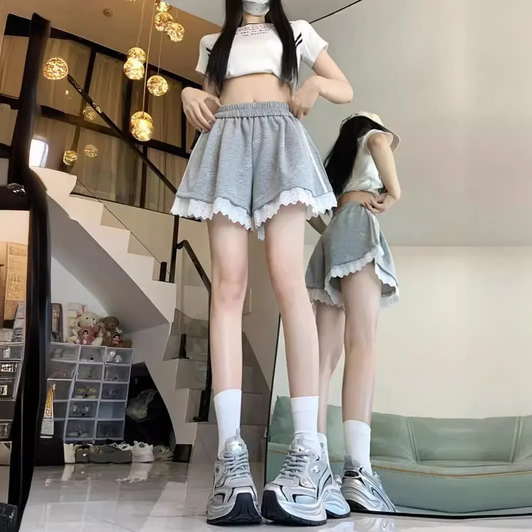Korean Style Lace Trimming Casual Pants Womens Summer Loose Fit High-Waisted Elegant Versatile Wide-Leg Shorts 250313