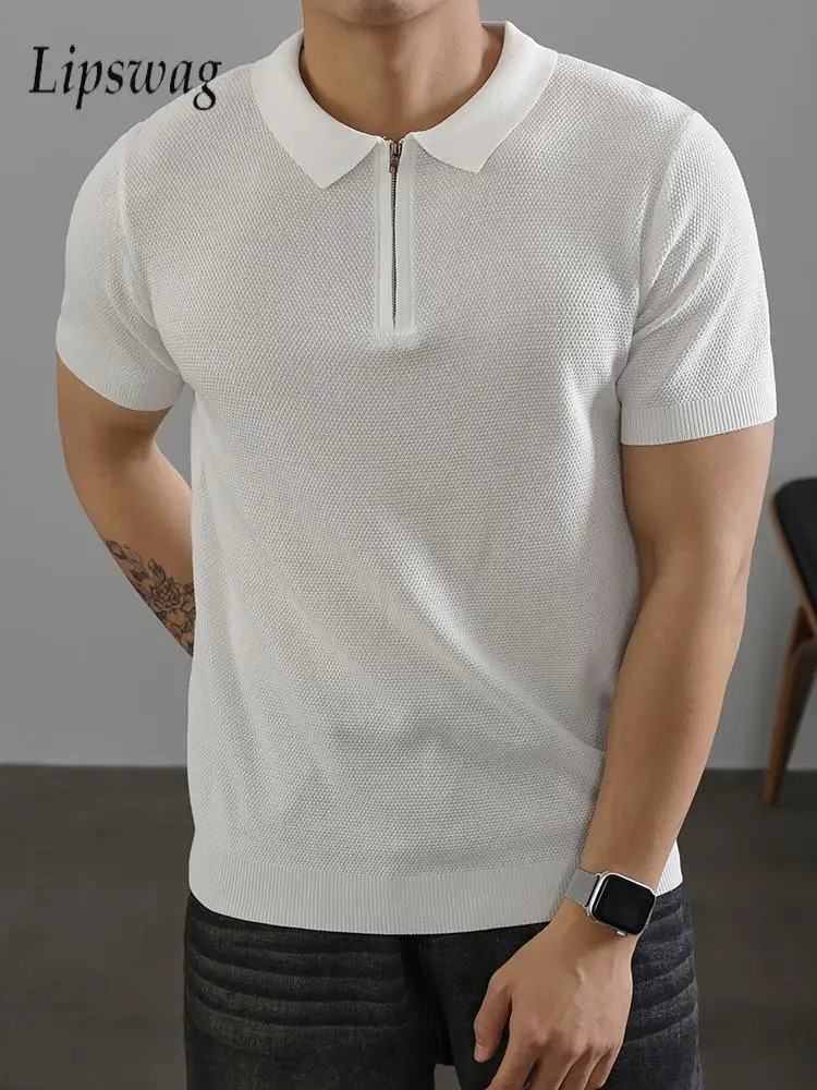 Retro Collar Zipper Knitted Polo Shirt Mens SpringSummer Casual Solid Color Ultra Thin Short Sleeve Street Clothing 250313