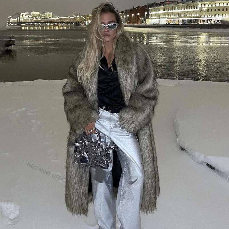 Neo Mint Mob Wife Aesthetic Long Faux Coat Women Winter 2024 Fluffy Gradient Fox Fur Jacket Female Furry Overcoat