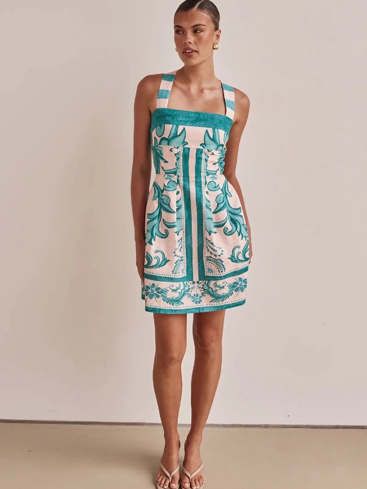 Summer Fashion Womens Elegant Print Bohemian Short Skirt Vacation with Girl Sexy Color Blocked Dress 250313