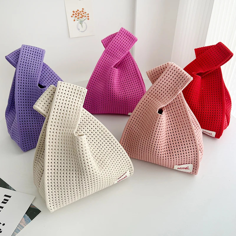 Skeleton Solid Color Knitted Bag WomenS Mini Knot Wristlet Hundred Large Capacity Mesh Handbag Reusable Shopping Bag Summer R250312