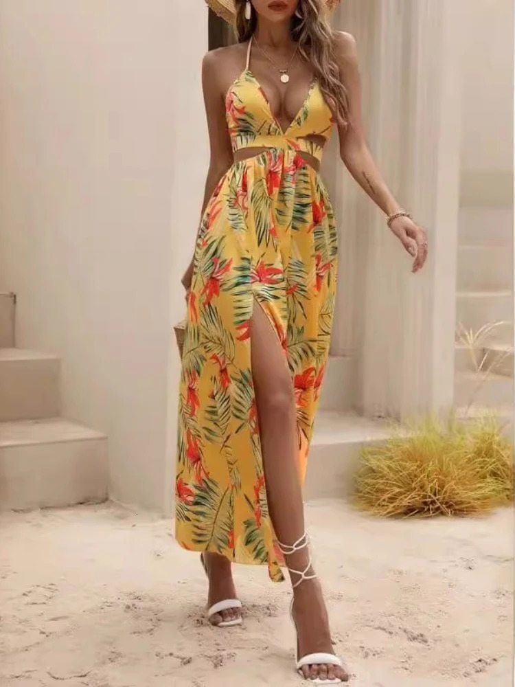 Summer Fashion Womens Elegant Printed Bohemian Sexy Beach Style Bareback Bow Split Party Dress 250313