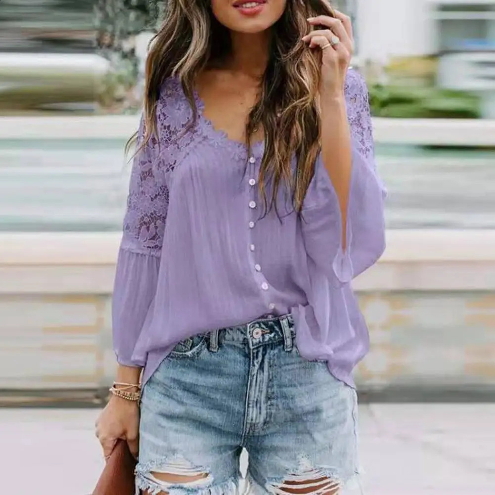 Women Blouse Fashion Flare Sleeve Tops Women Lace Stiching Blouses Casual Spring Blusas Female V-Neck Blusas Oversized Chemise 250313