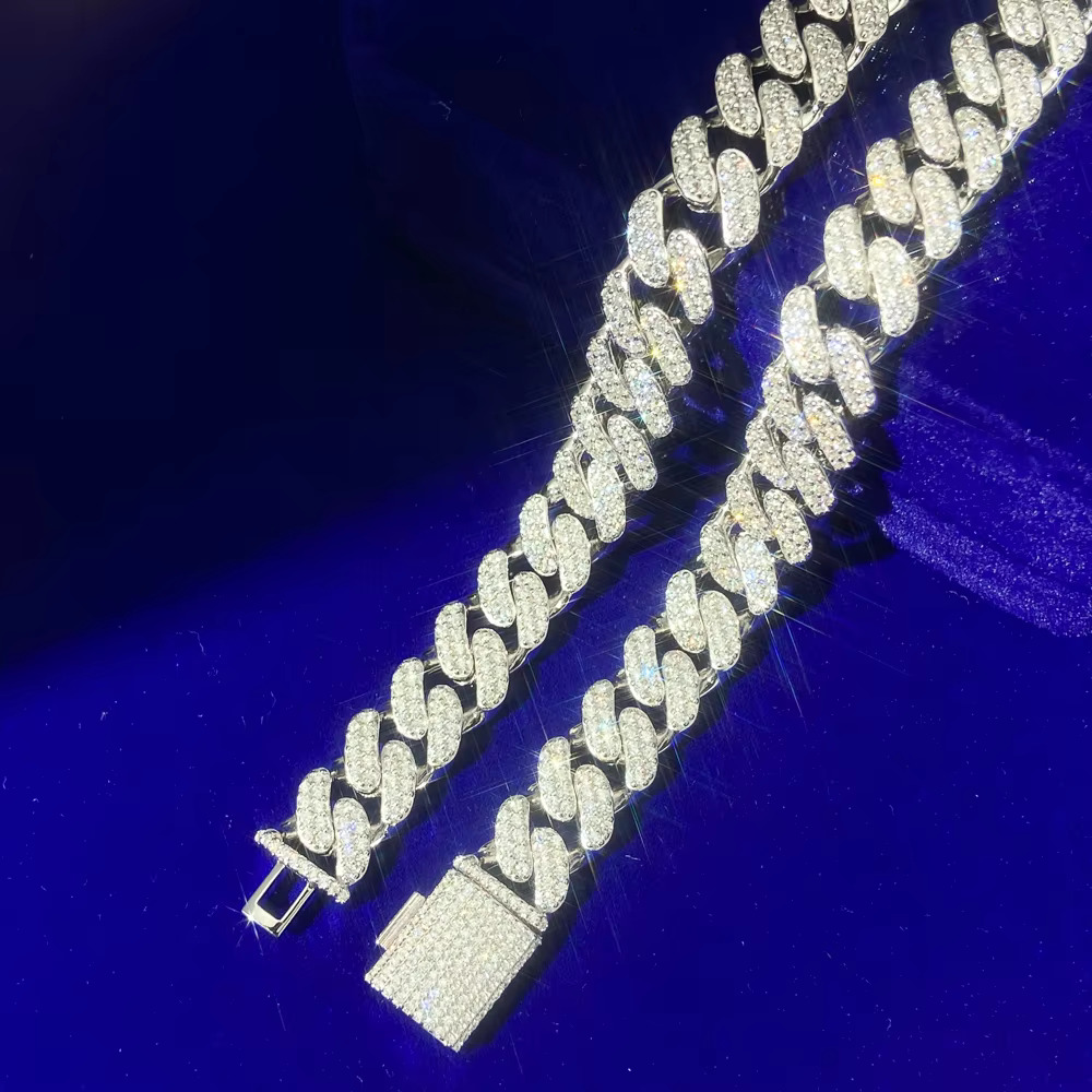 Best Selling Fashion Punk Style 12 Mm 925 Silver Three Row Hand Set Meta Cuban Chain Necklace for Men