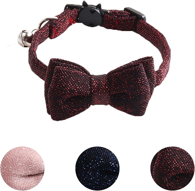 Cat Collar Breakaway with Bowtie and Bell, Red Sparkling Suede Fabric Fashion Kitten Collar with Removable Cat Bowtie Collar for Kitty Cat (18-28cm) B