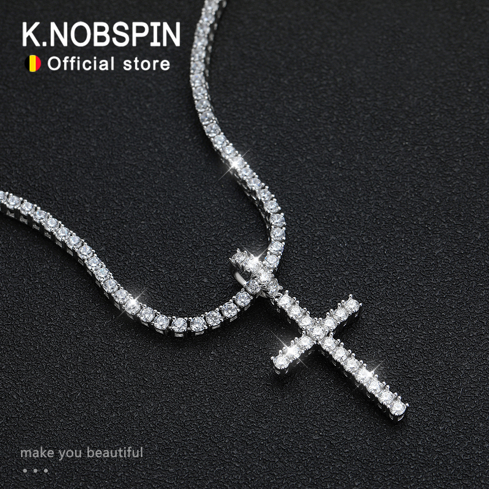 KNOBSPIN Full Moissanite Tennis Necklace with Pendant 925 Sterling Sliver Plated 18k Chain for Man Sparkling HipHop Party Jewely