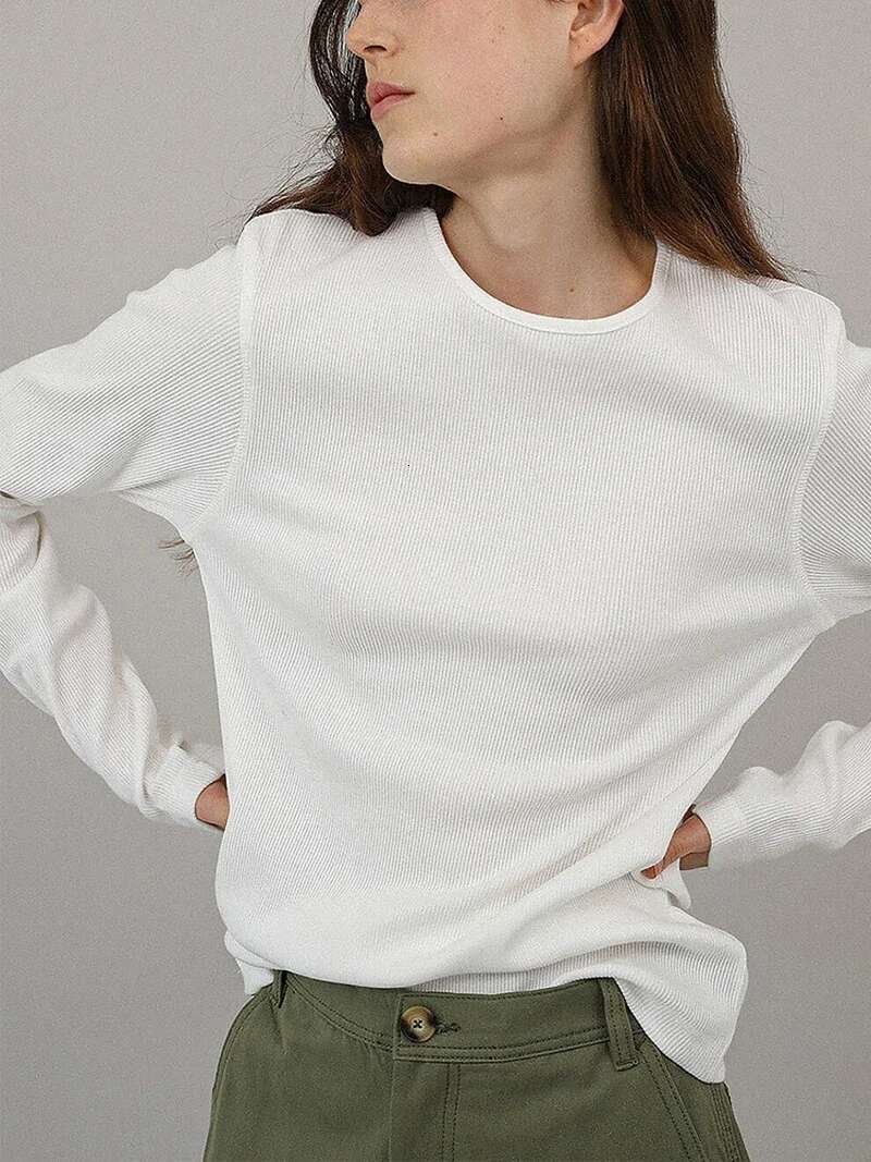 Cotton Round Neck Long-Sleeved White T-Shirt Women's Spring New Threaded Haruku Chic Basic Tees Casual Female Tops