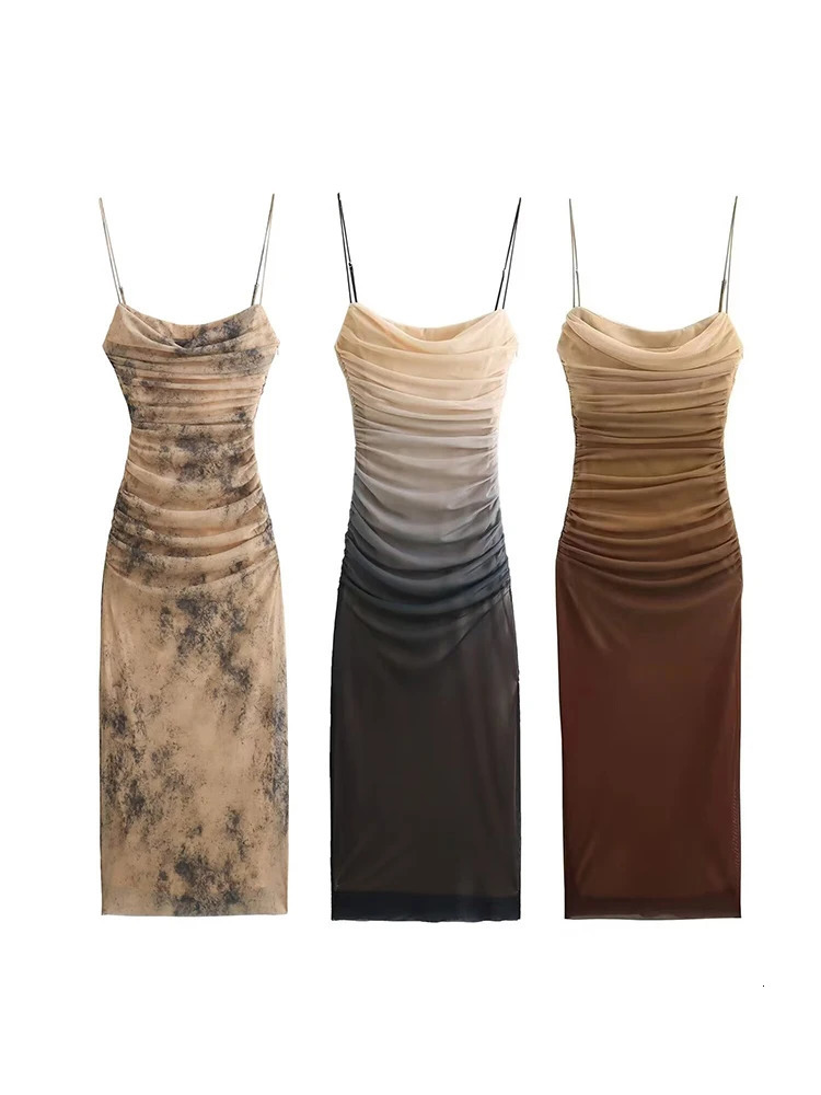 TRAFZA Womens Gradient Printed Tulle Halter Midi Dress Fashion Sexy Backless Spaghetti Strap Summer Party Slim Dresses 250313